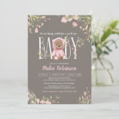  Roze Floral Boho Teddy Bear Baby shower Inv Kaart (Staand voorkant)