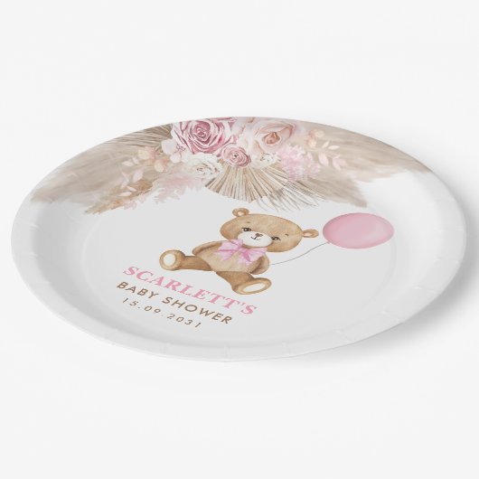 Roze Floral Boho Teddy Bear Balloon Baby Girl Papieren Bordje (Gekanteld)
