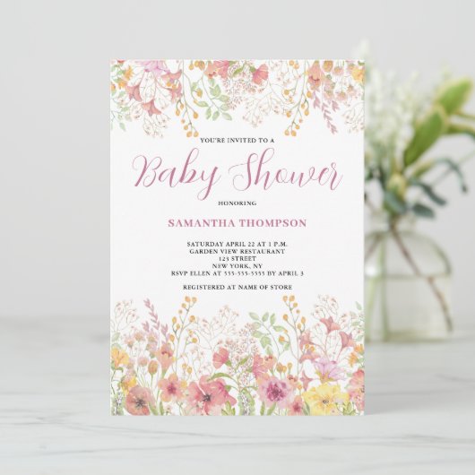 Roze Floral Botanische Baby shower Kaart (Staand voorkant)