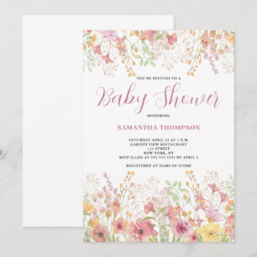 Roze Floral Botanische Baby shower Kaart (Voorkant / Achterkant)