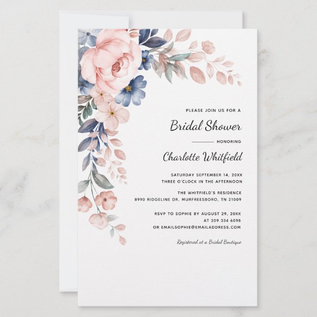 Roze Floral Botanische Bridal Shower Invitation (Voorkant)
