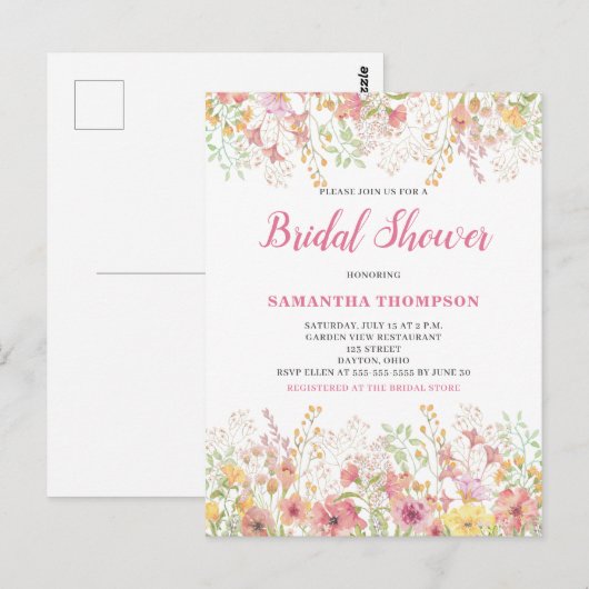 Roze Floral Botanische Bridal Shower Invitation Briefkaart (Voorkant / Achterkant)