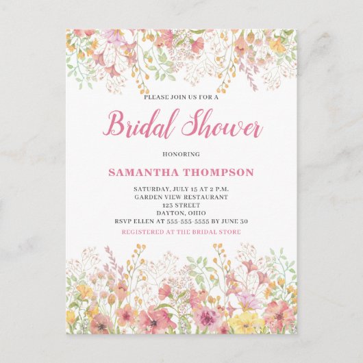 Roze Floral Botanische Bridal Shower Invitation Briefkaart (Voorkant)