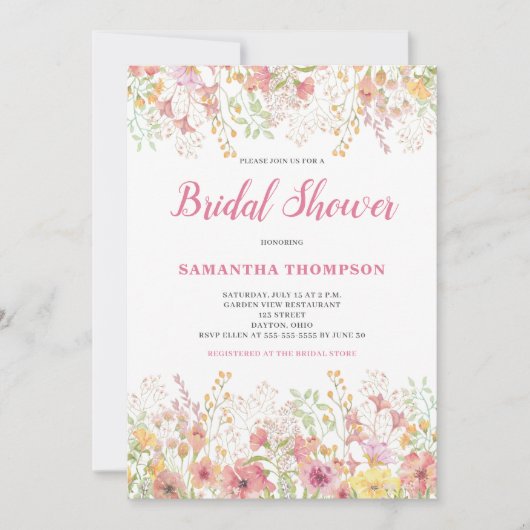 Roze Floral Botanische Bridal Shower Invitation Kaart (Voorkant)