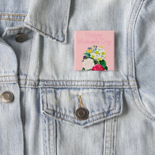  Roze Floral Bouquest Happy Moederdag Vierkante Button 5,1 Cm (In situ)