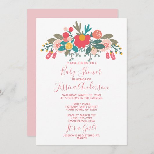 Roze Floral Bouquet Baby shower Kaart (Voorkant / Achterkant)