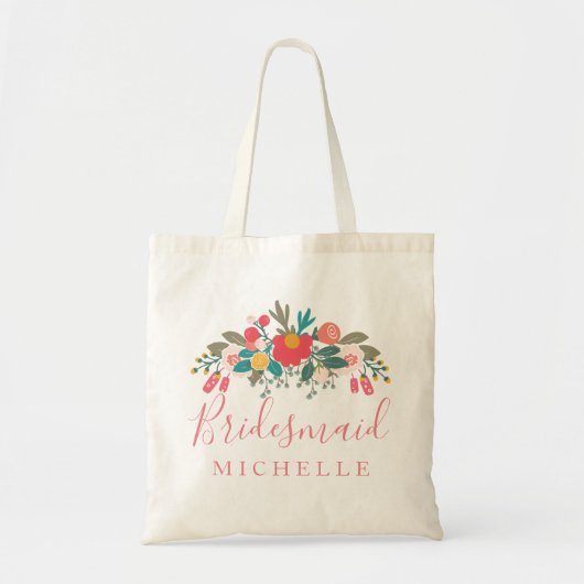 Roze Floral Bouquet Bridesmaid met naam Tote Bag (Voorkant)