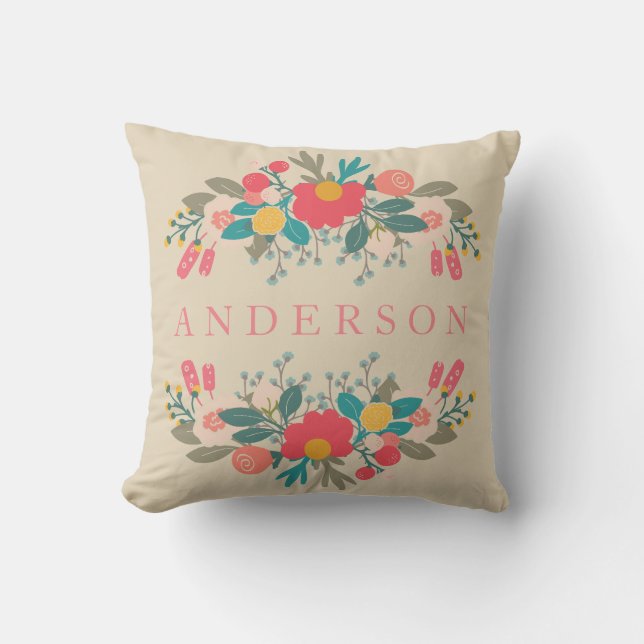 Roze Floral Bouquet met naam Kussen (Voorkant)