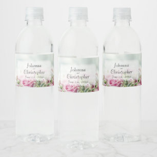 roze Floral Bouquet op Bleek Blauwgroen huwelijk Waterfles Etiket