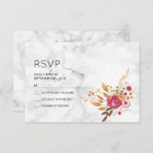 Roze Floral Bouquet op White Marble Wedding RSVP (Voorkant / Achterkant)