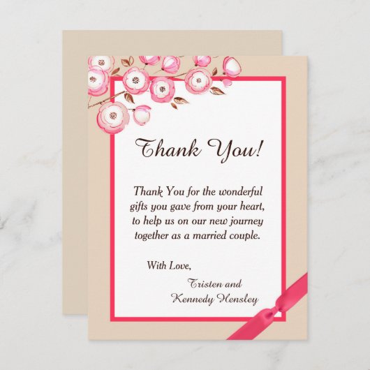 Roze Floral Branch 4x5 Flat Wedding Hartelijk dank Bedankkaart (Voorkant / Achterkant)