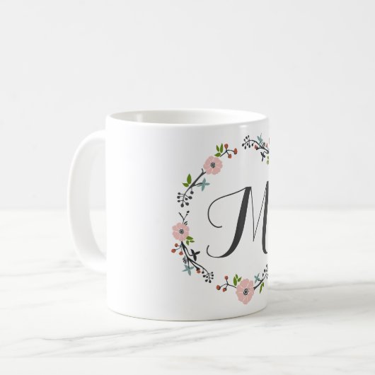 Roze Floral Branch Wreath | Monogram Mok (Voorkant links)