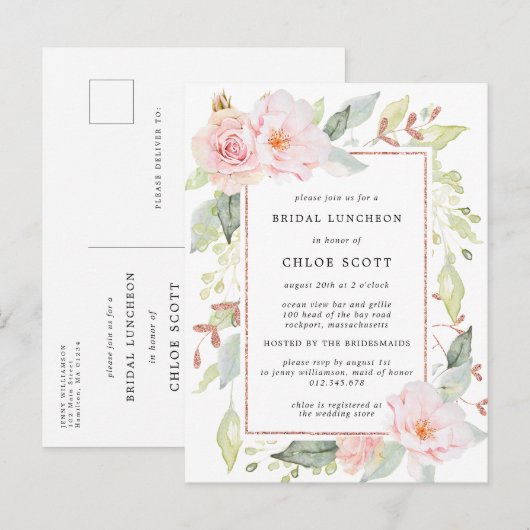 Roze Floral Bridal Luncheon Invitation Briefkaart (Voorkant / Achterkant)