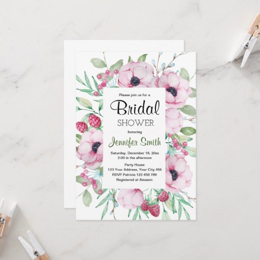 Roze Floral Bridal Shower Invitations Kaart (Voorkant / Achterkant in situ)