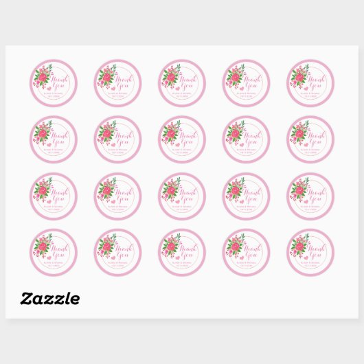  roze Floral bruiloft Dank je Ronde Sticker (Vel)