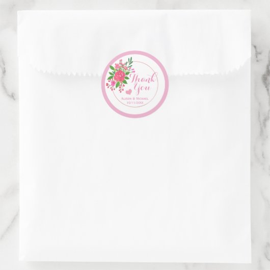 roze Floral bruiloft Dank je Ronde Sticker (Tas)