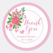  roze Floral bruiloft Dank je Ronde Sticker (Voorkant)