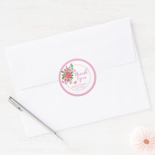  roze Floral bruiloft Dank je Ronde Sticker (Envelop)