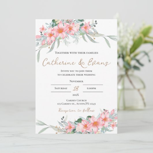 Roze FLoral bruiloft uitnodiging (Staand voorkant)