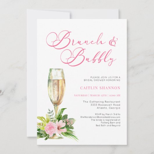Roze Floral Brunch en Bubble Vrijgezellenfeest Inv Kaart (Voorkant)
