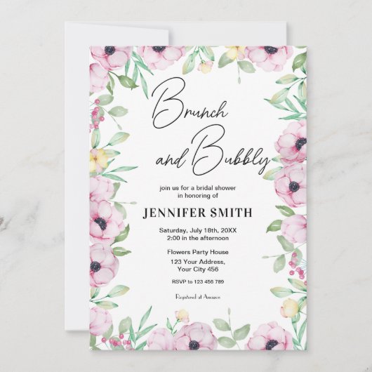 Roze Floral Brunch en Bubble Vrijgezellenfeest Kaart (Voorkant)