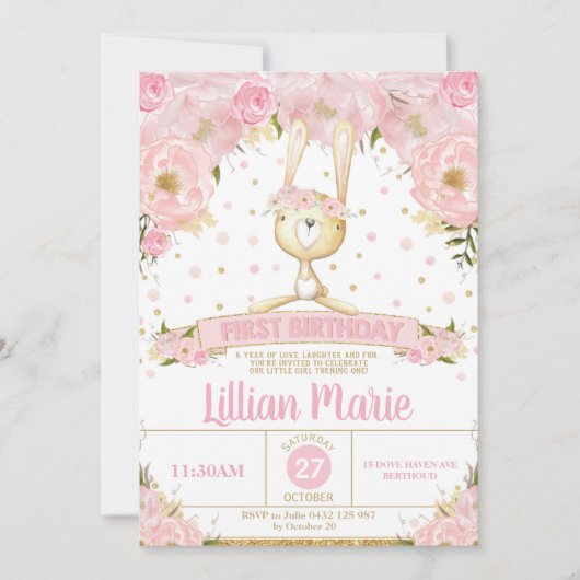 Roze Floral Bunny 1st Birthday Invitation Girl Kaart (Voorkant)