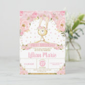 Roze Floral Bunny 1st Birthday Invitation Girl Kaart (Staand voorkant)