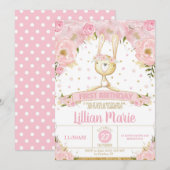 Roze Floral Bunny 1st Birthday Invitation Girl Kaart (Voorkant / Achterkant)
