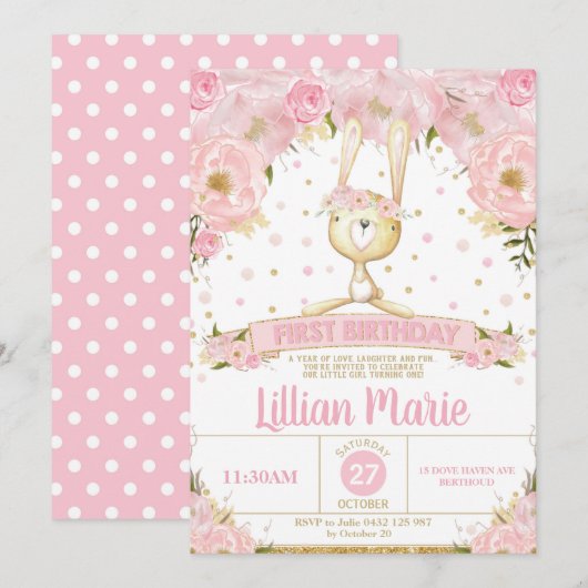 Roze Floral Bunny 1st Birthday Invitation Girl Kaart (Voorkant / Achterkant)