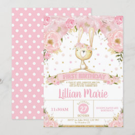 Roze Floral Bunny 1st Birthday Invitation Girl Kaart