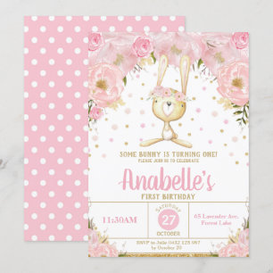 Roze Floral Bunny 1st Birthday Invitation Girl Kaart