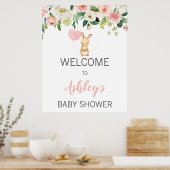 Roze Floral Bunny Baby shower Welkomstteken Poster (Keuken)