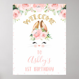 Roze Floral Bunny Face Welcome Birthday Party Sign Poster