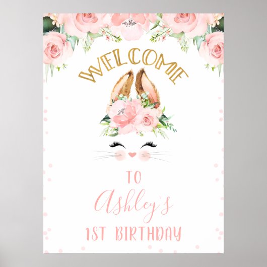 Roze Floral Bunny Face Welcome Birthday Party Sign Poster (Voorkant)