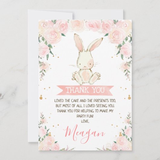 Roze Floral Bunny Girls Birthday Hartelijk dank Kaart (Voorkant)
