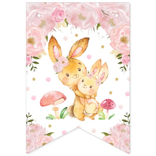 Roze Floral Bunny Rabbit Birthday Baby shower Vlaggetjes (Eerste vlag)