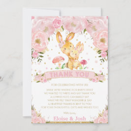 Roze Floral Bunny Rabbit Girl Baby shower Bedankkaart