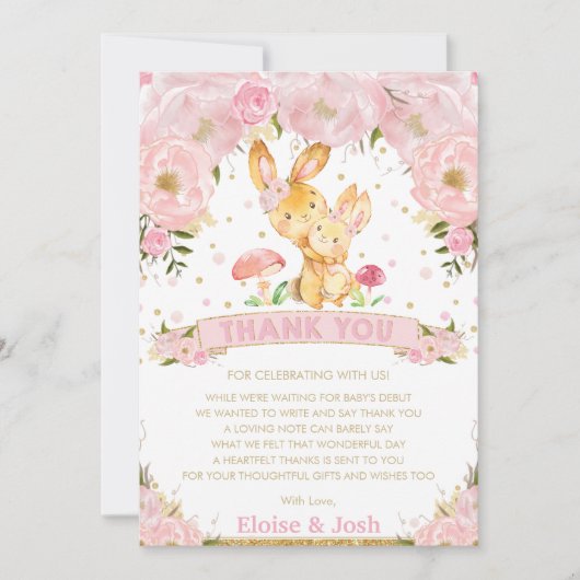 Roze Floral Bunny Rabbit Girl Baby shower Bedankkaart (Voorkant)