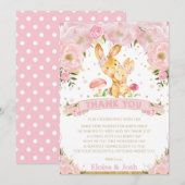 Roze Floral Bunny Rabbit Girl Baby shower Bedankkaart (Voorkant / Achterkant)