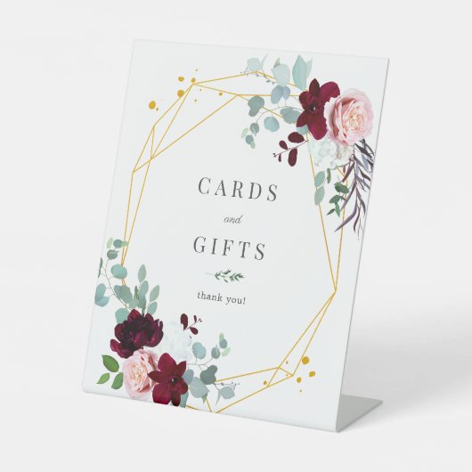 Roze Floral Burgundy Cards en Gifts Reclamebord Met Voetstuk (Voorkant)
