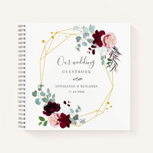 Roze Floral Burgundy Fall Wedding Guestbook Notitieboek (Voorkant)