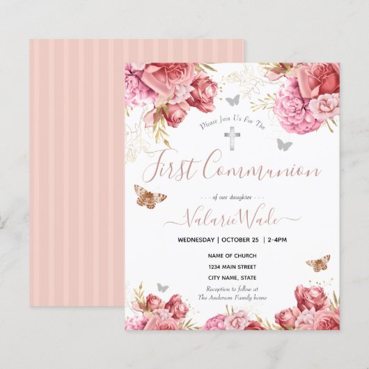 Roze Floral Butterflies Eerste communautaire begro (Voorkant / Achterkant)