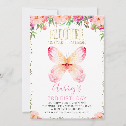 Roze Floral Butterflies Gold Glitter Text Birthday Kaart (Voorkant)