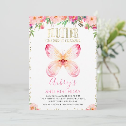 Roze Floral Butterflies Gold Glitter Text Birthday Kaart (Staand voorkant)