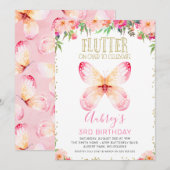 Roze Floral Butterflies Gold Glitter Text Birthday Kaart (Voorkant / Achterkant)