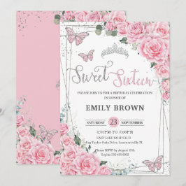 Roze Floral Butterflies Sweet Sixteen 16 verjaarda Kaart