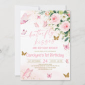 Roze Floral Butterfly Kisses en Birthday Wishes Kaart (Voorkant)