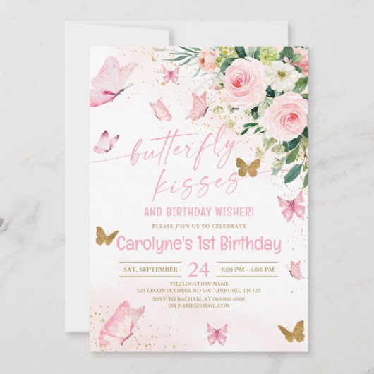 Roze Floral Butterfly Kisses en Birthday Wishes Kaart (Voorkant)