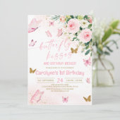 Roze Floral Butterfly Kisses en Birthday Wishes Kaart (Staand voorkant)