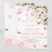 Roze Floral Butterfly Kisses en Birthday Wishes Kaart (Voorkant / Achterkant)